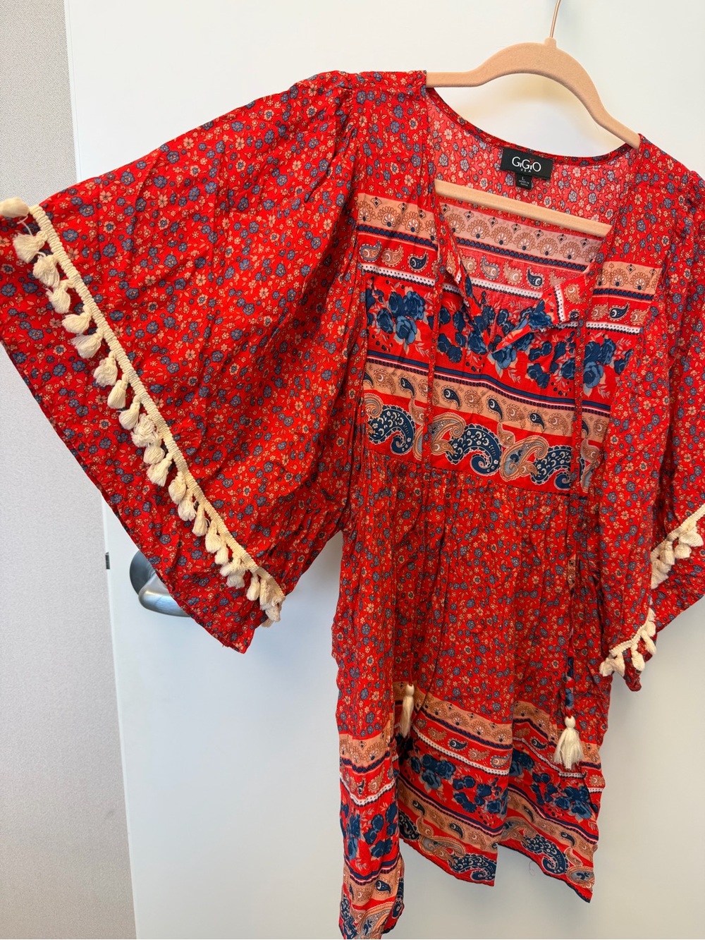 GGO Red Boho Tassel Dress with Navy Floral Panels - Picture 3 of 3
